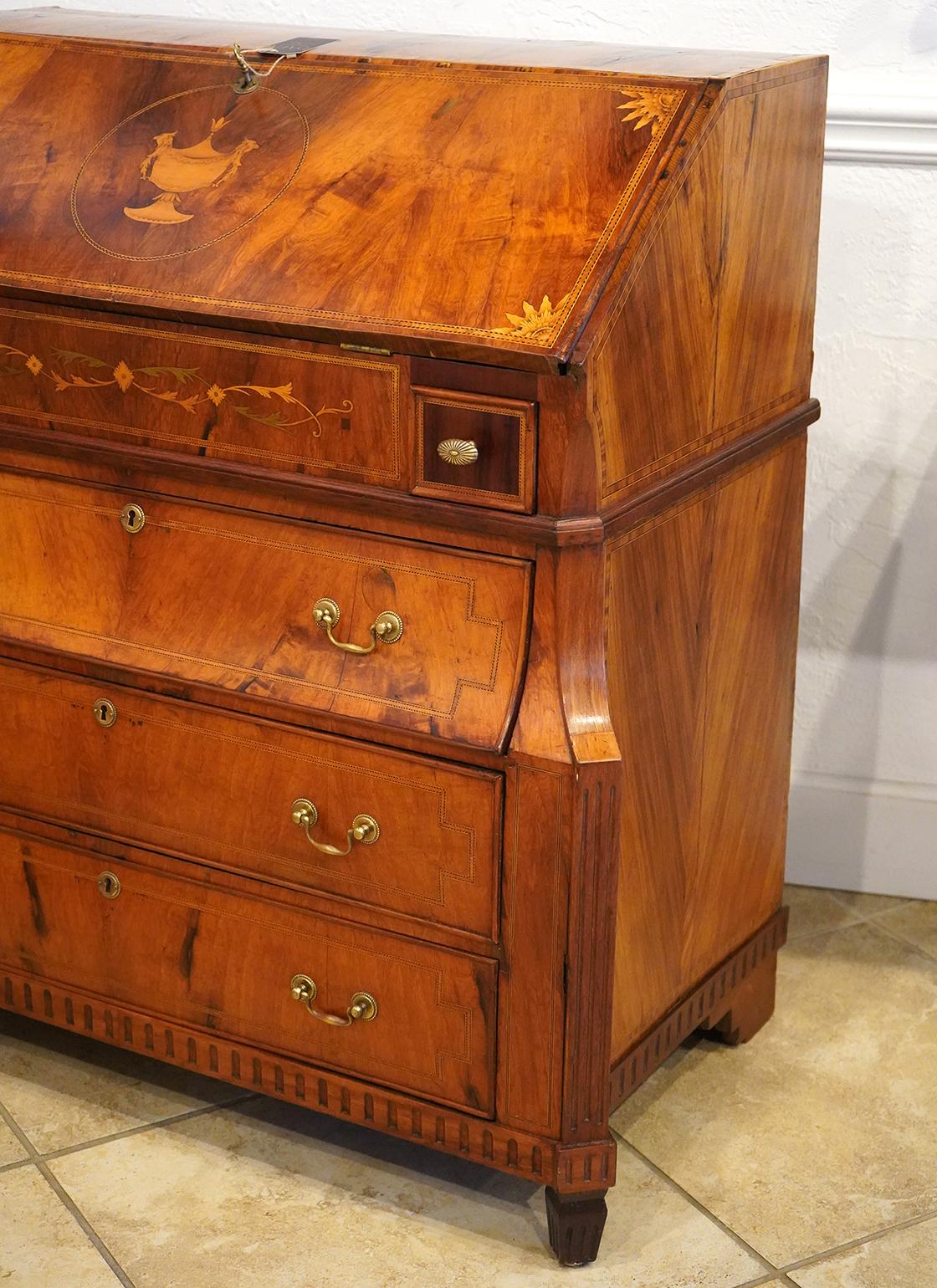 18th Century Late 18th C. Dutch Richly Inlaid Two Part Walnut and Satinwod Fall Front Bureau For Sale