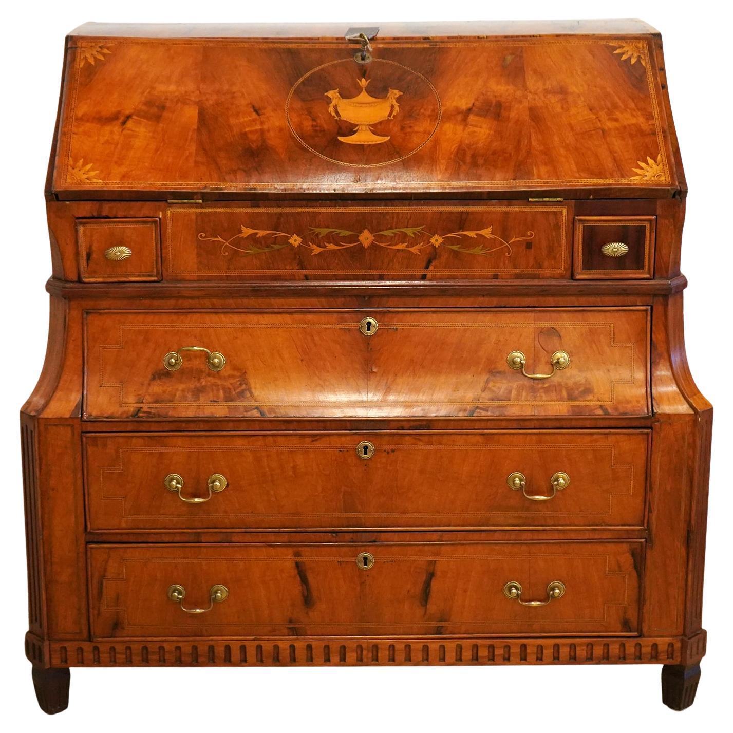 Late 18th C. Dutch Richly Inlaid Two Part Walnut and Satinwod Fall Front Bureau For Sale