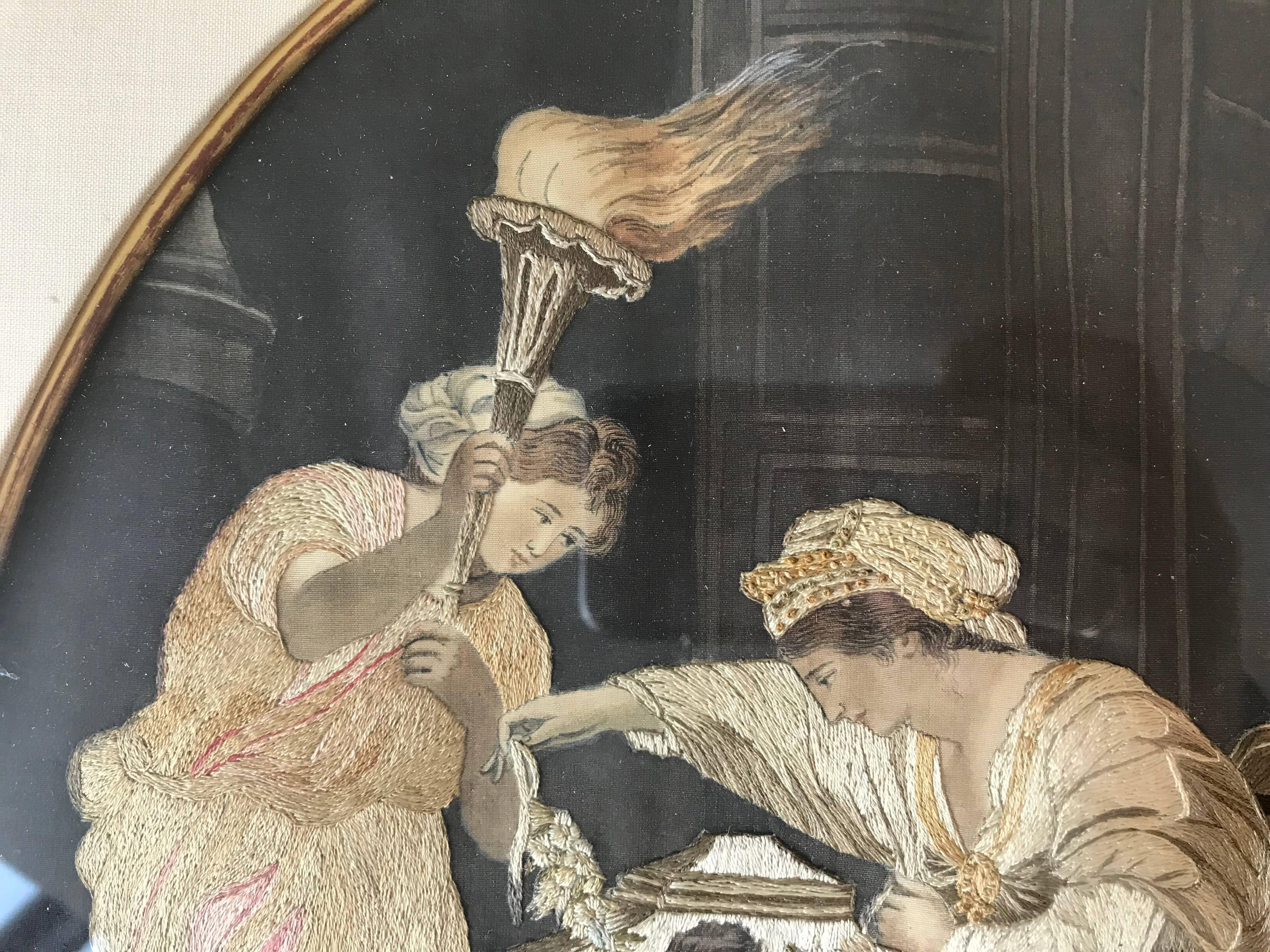 Early 19th Century Embroidered and Hand-Painted Silk Picture In Good Condition For Sale In Boston, MA