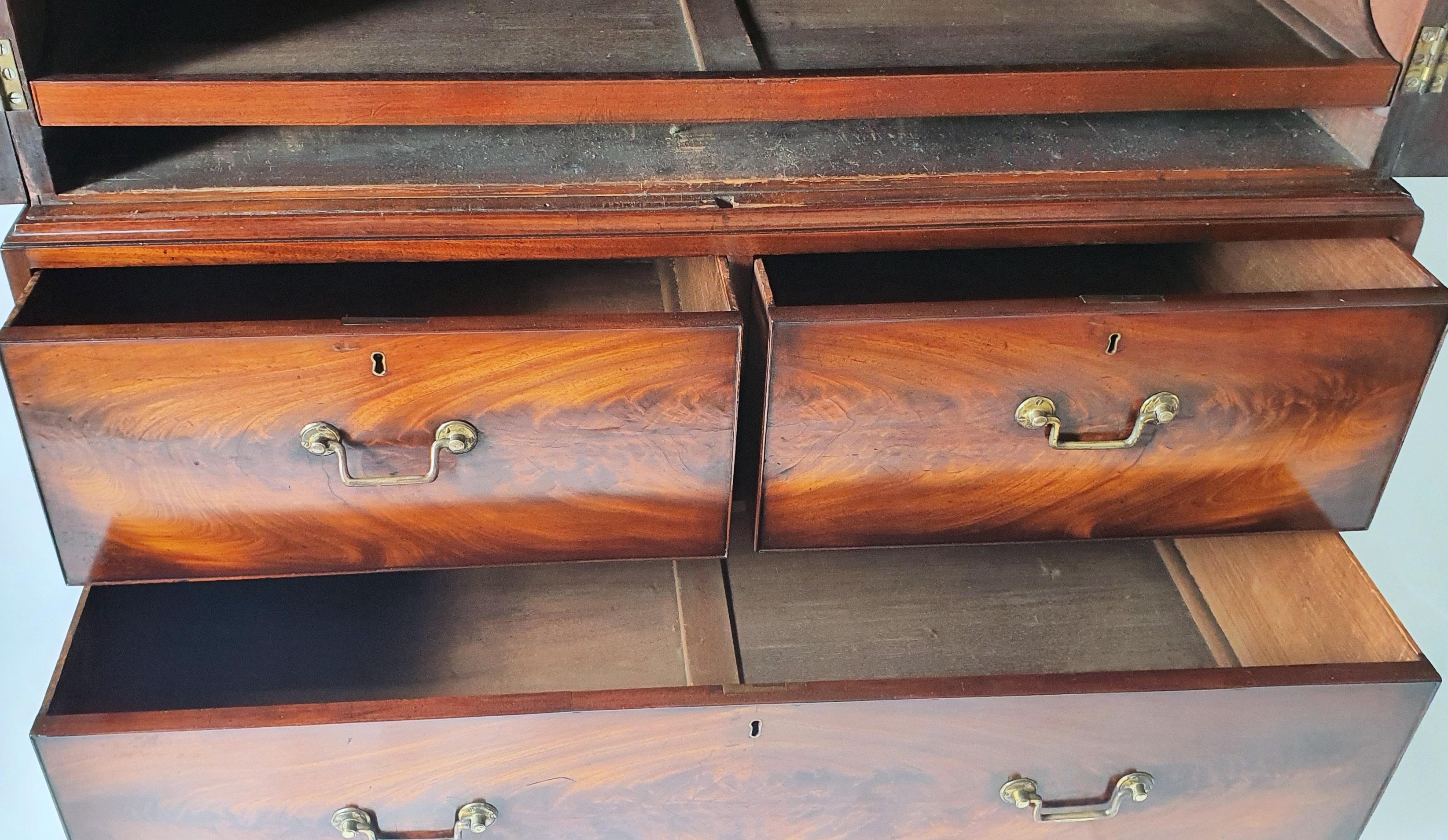 Brass Late 18th Century English Flame Mahogany Linen Press For Sale