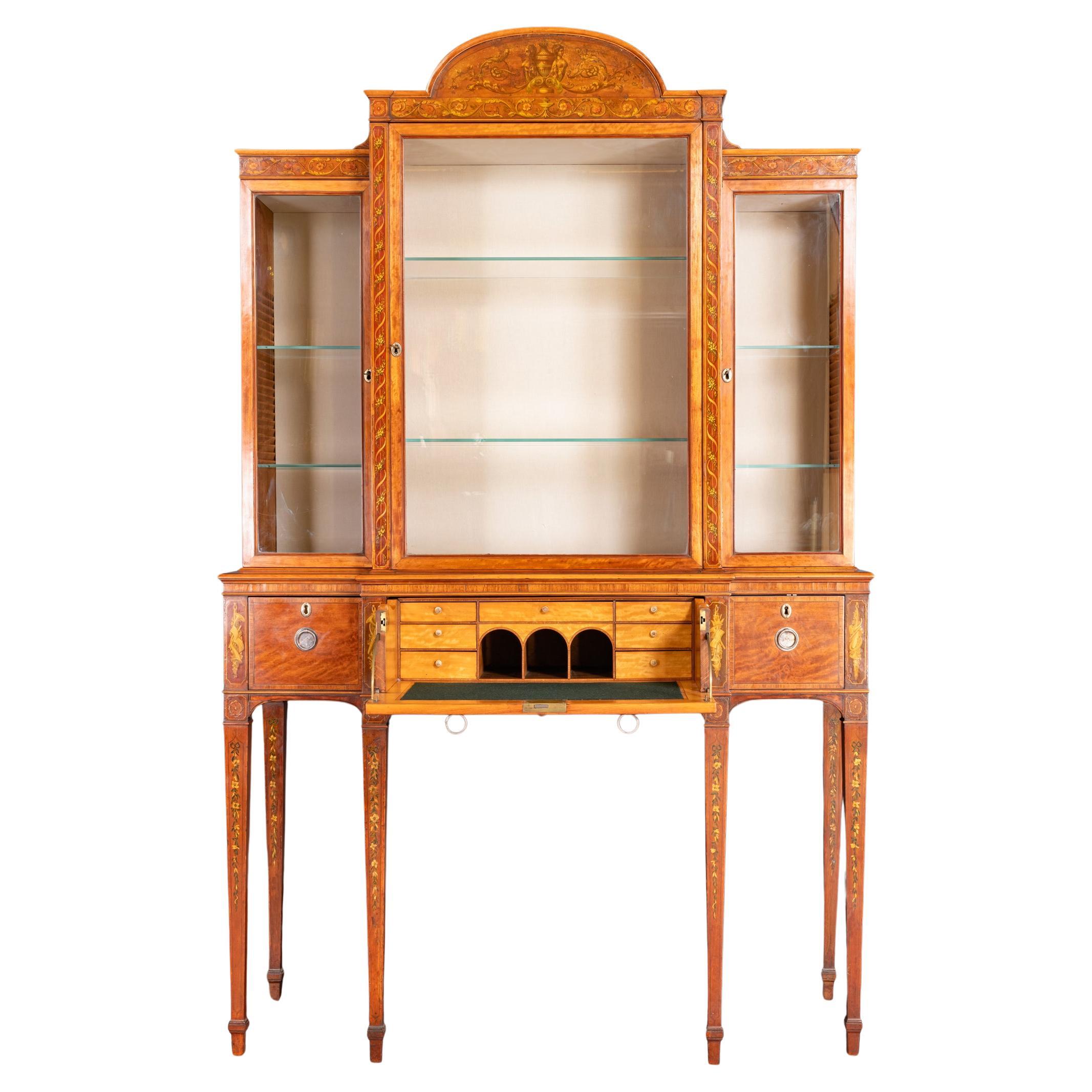 Late 18th C. English Georgian Satinwood and Marquetry Secretaire Display Cabinet