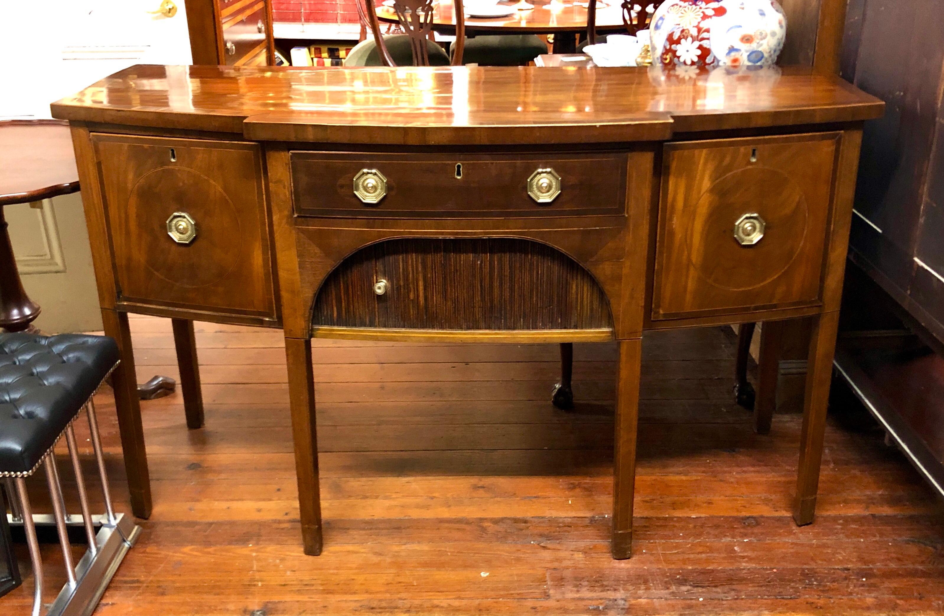 Late 18th C. English Inlaid Mahogany Hepplewhite Style Shaped Front Sideboard For Sale 4