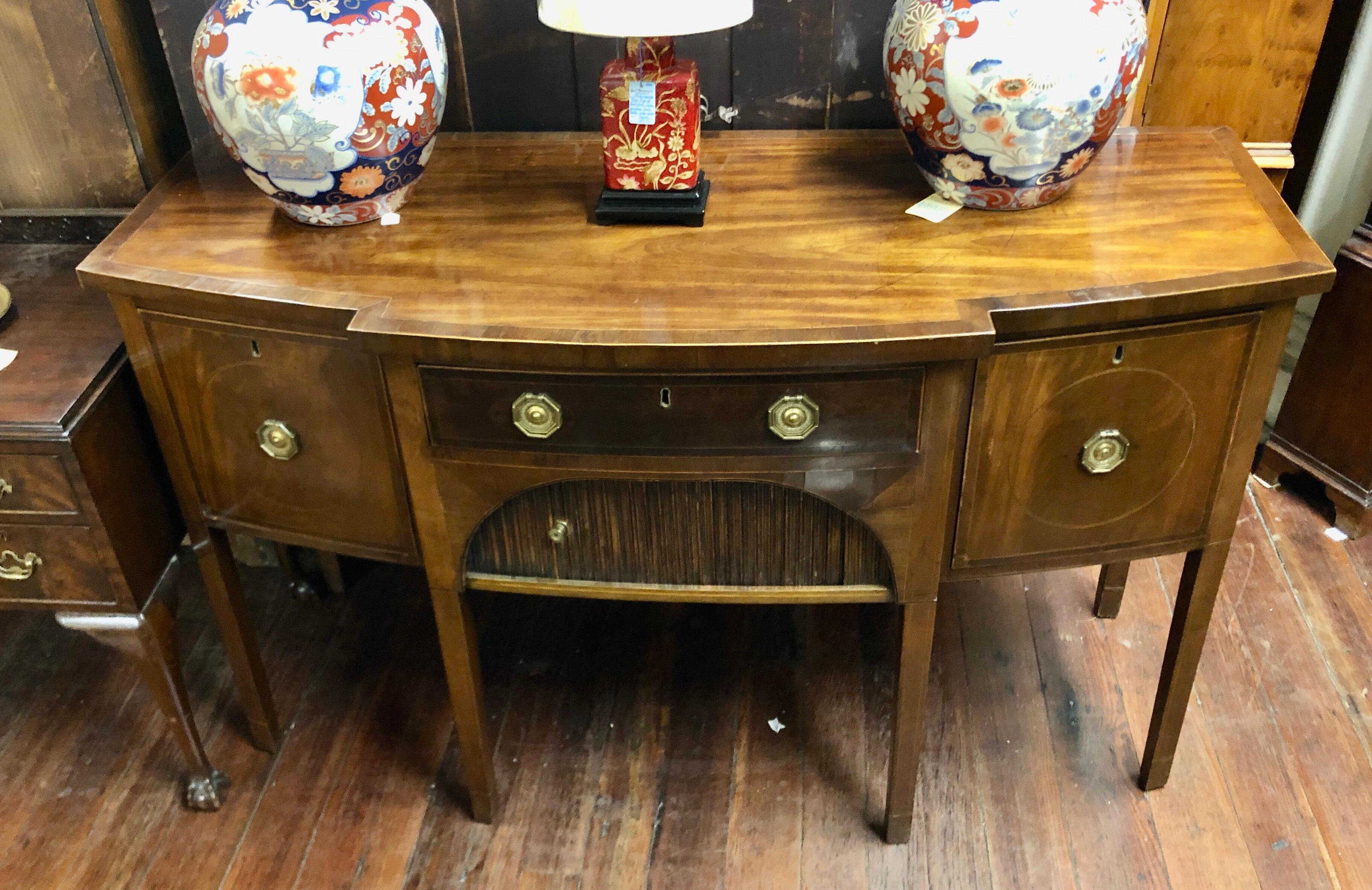 Late 18th C. English Inlaid Mahogany Hepplewhite Style Shaped Front Sideboard For Sale 11