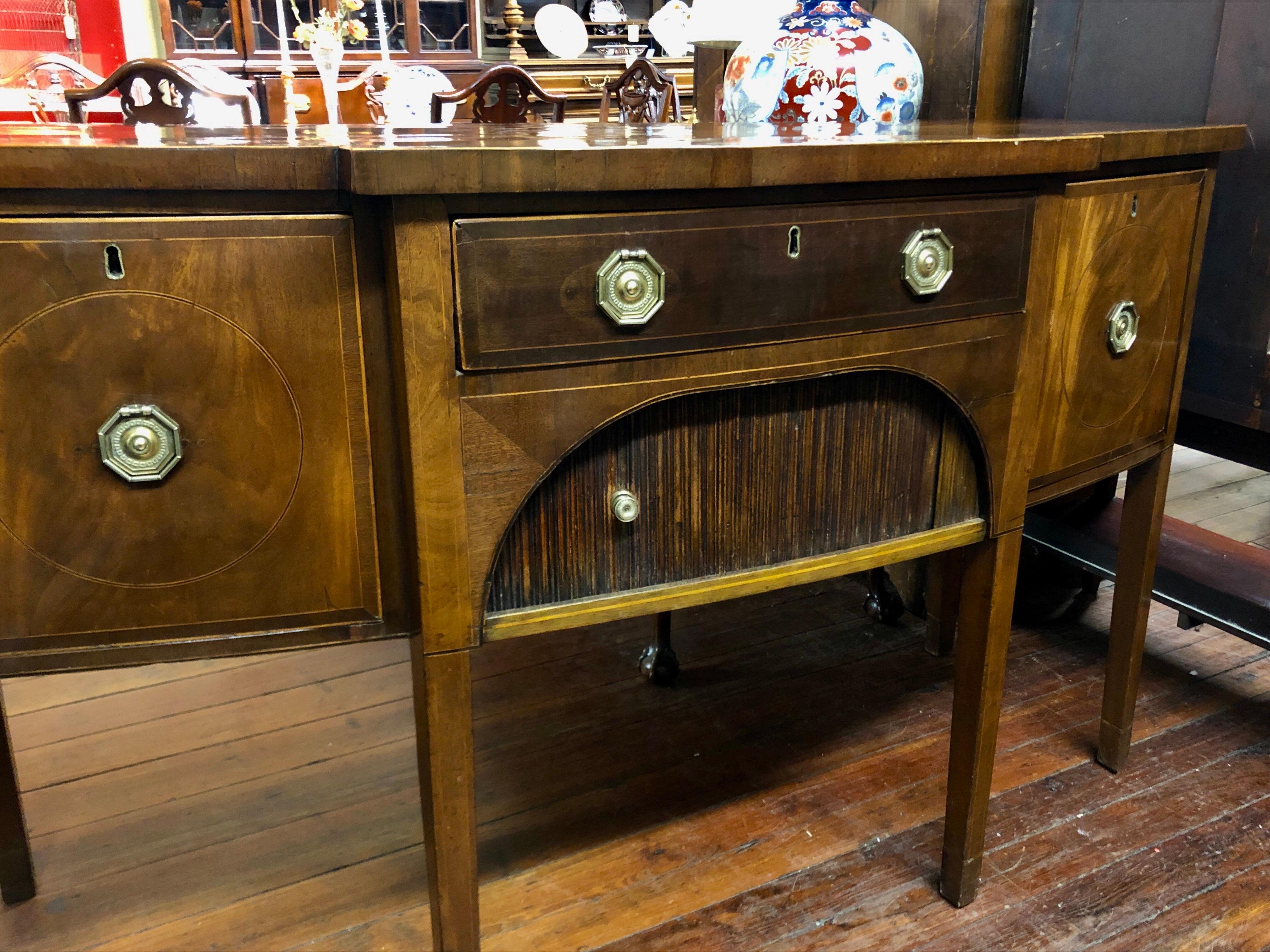 Hand-Crafted Late 18th C. English Inlaid Mahogany Hepplewhite Style Shaped Front Sideboard For Sale
