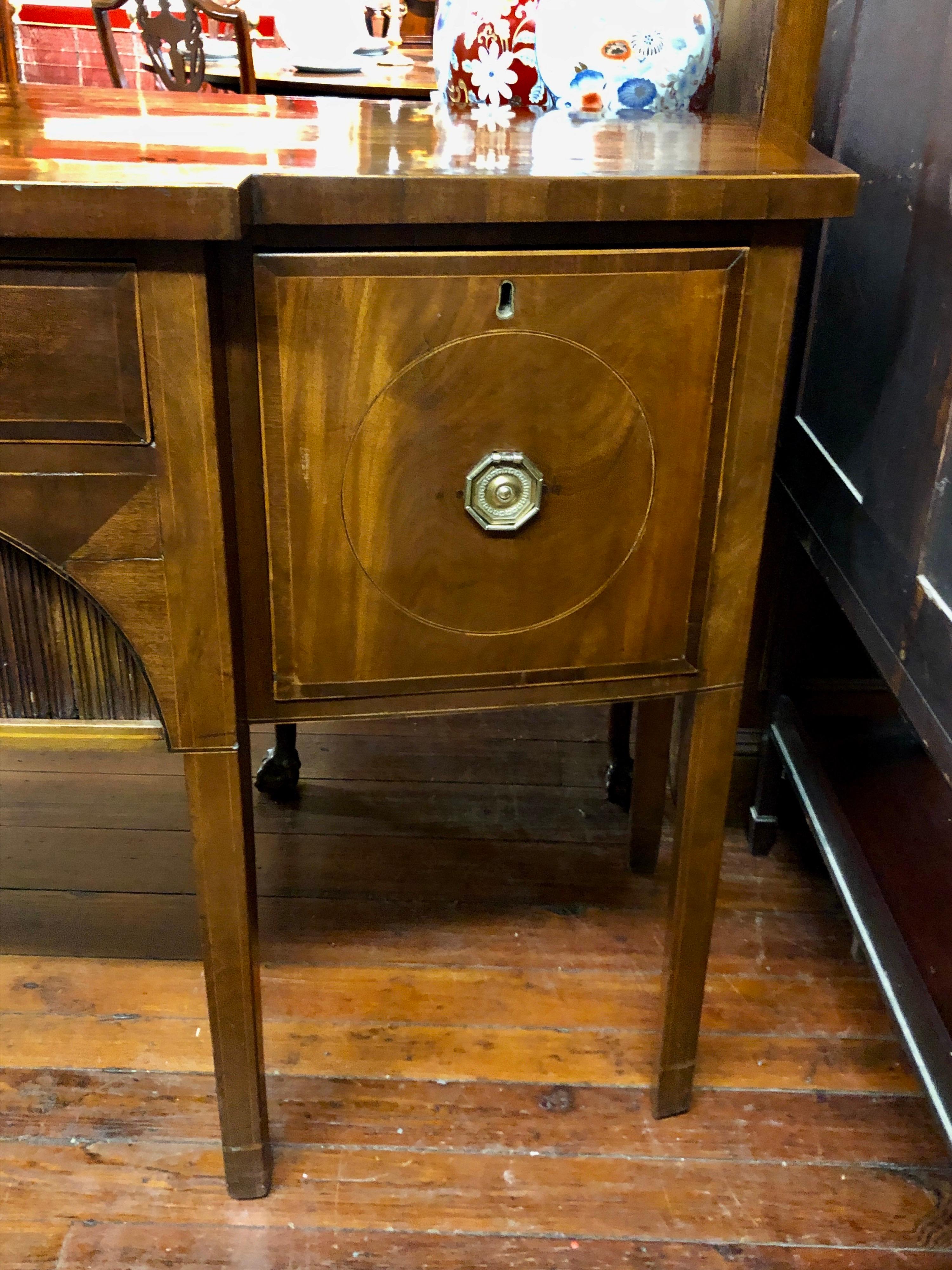 Boxwood Late 18th C. English Inlaid Mahogany Hepplewhite Style Shaped Front Sideboard For Sale