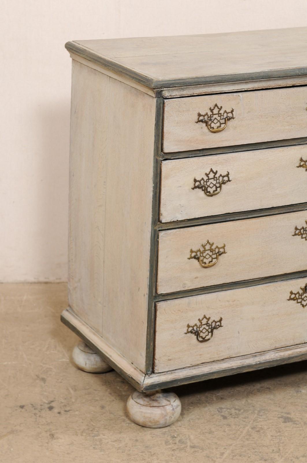 Late 18th C. English Painted Wood Chest of Four Drawers Raised on Bun Feet  In Good Condition For Sale In Atlanta, GA