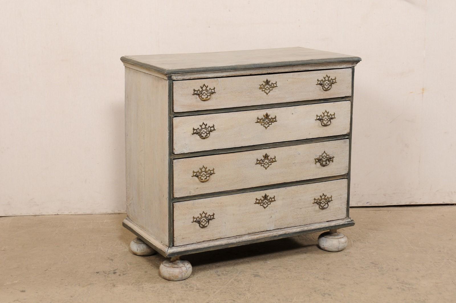 19th Century Late 18th C. English Painted Wood Chest of Four Drawers Raised on Bun Feet  For Sale