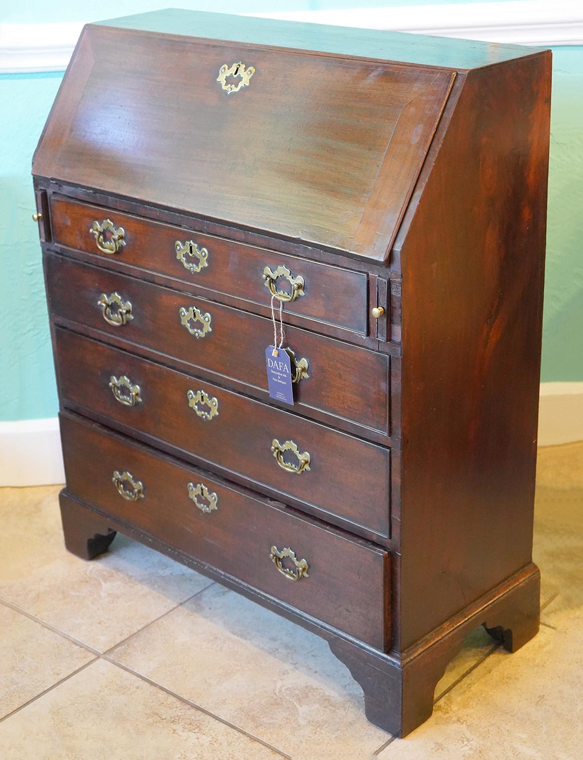 Late 18th C. English Small Size Mahogany Fall Front Desk with Original Brasses 4