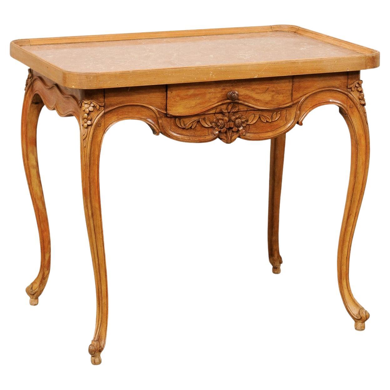 Late 18th Century French Marble-Top Carved-Wood Occasional Table with Drawer For Sale
