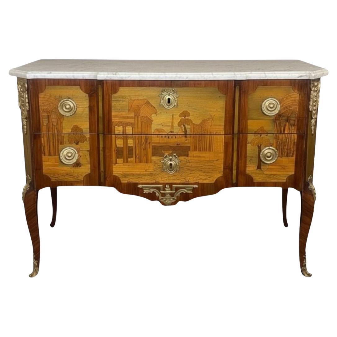 Late 18th C. French Marquetry Commode with Marble Top Signed André-Louis Gilbert For Sale