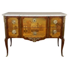 Late 18th C. French Marquetry Commode with Marble Top Signed André-Louis Gilbert