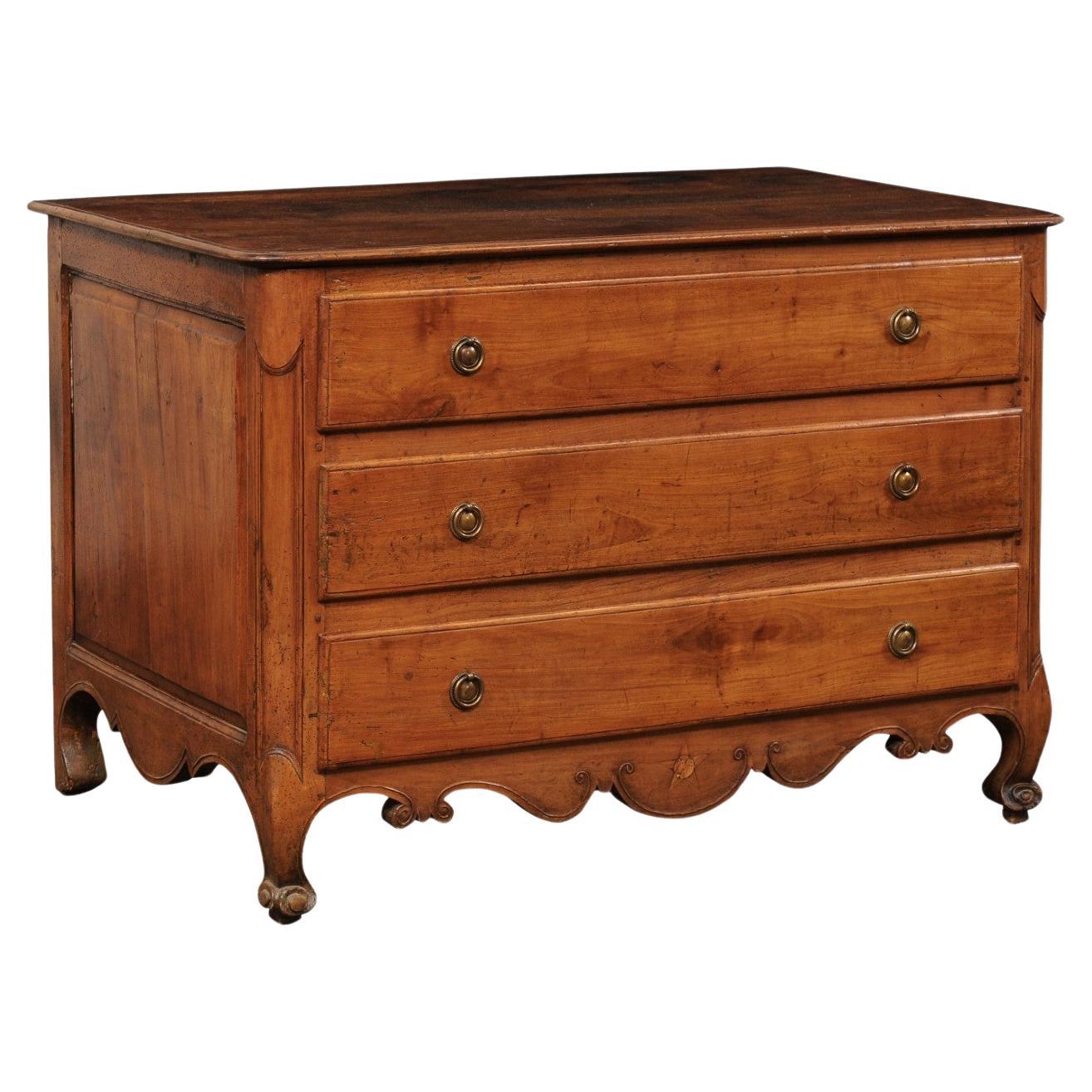 Late 18th C. French Walnut Commode w/Elegantly Carved Skirt