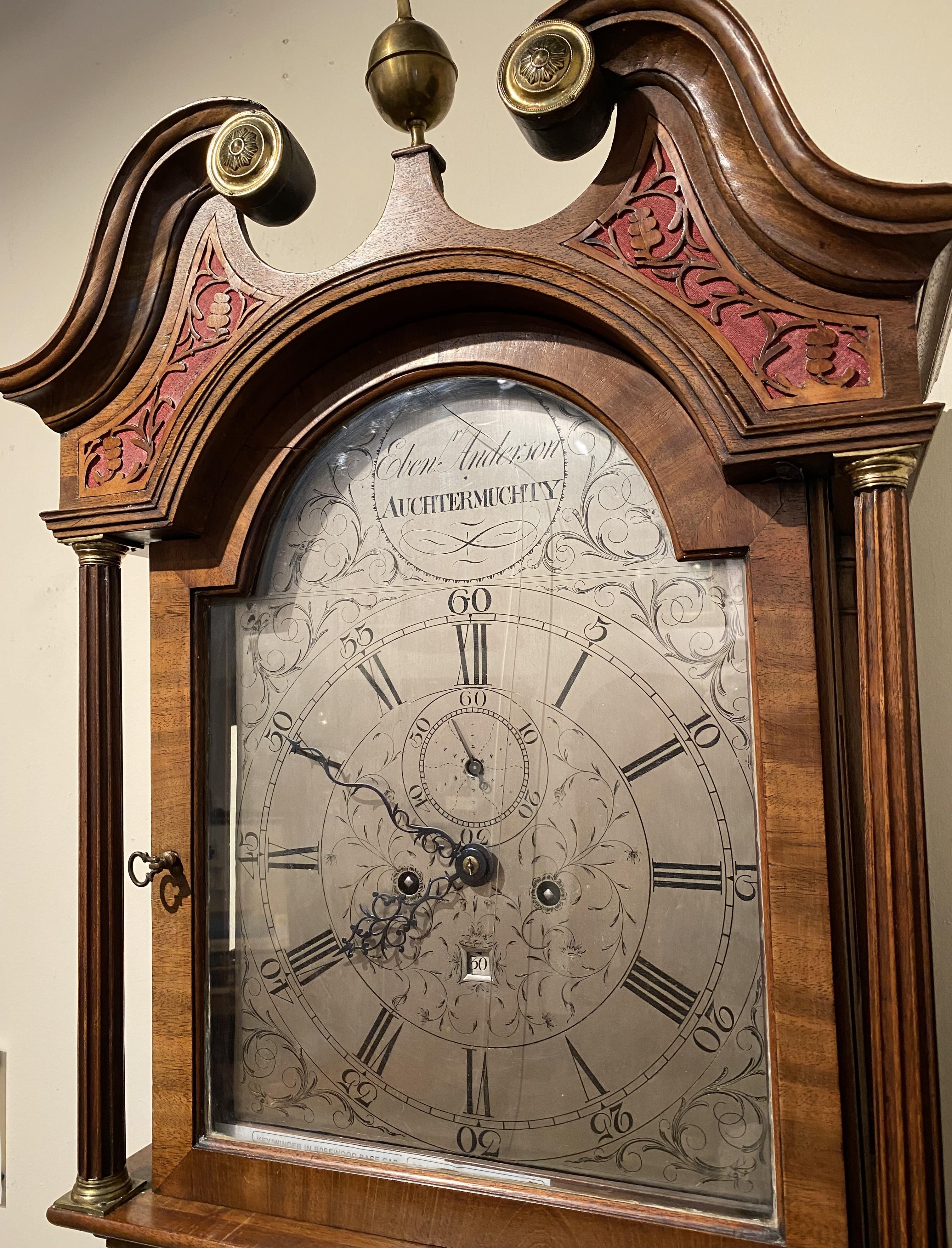 Hand-Carved Late 18th c Scottish Mahogany Tall Clock by Ebenezer Anderson, Auchtermuchty For Sale