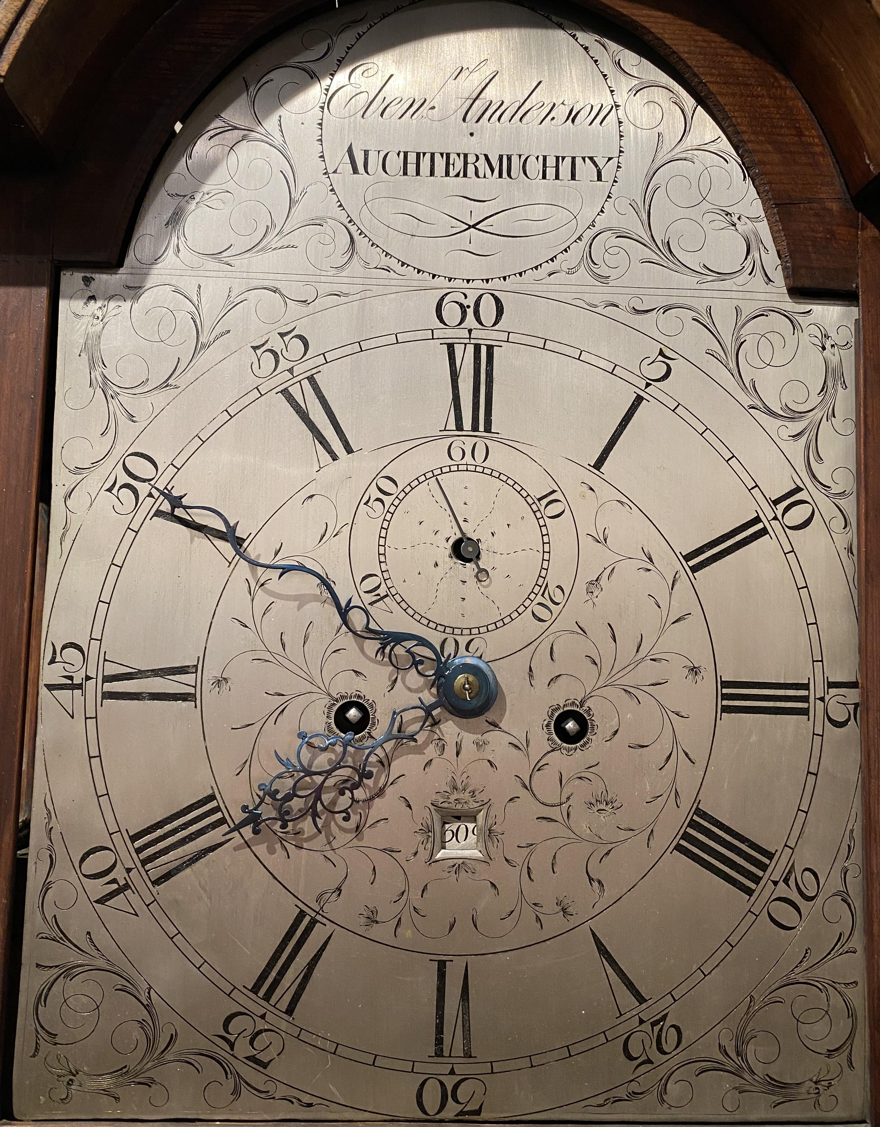 Late 18th c Scottish Mahogany Tall Clock by Ebenezer Anderson, Auchtermuchty In Good Condition For Sale In Milford, NH