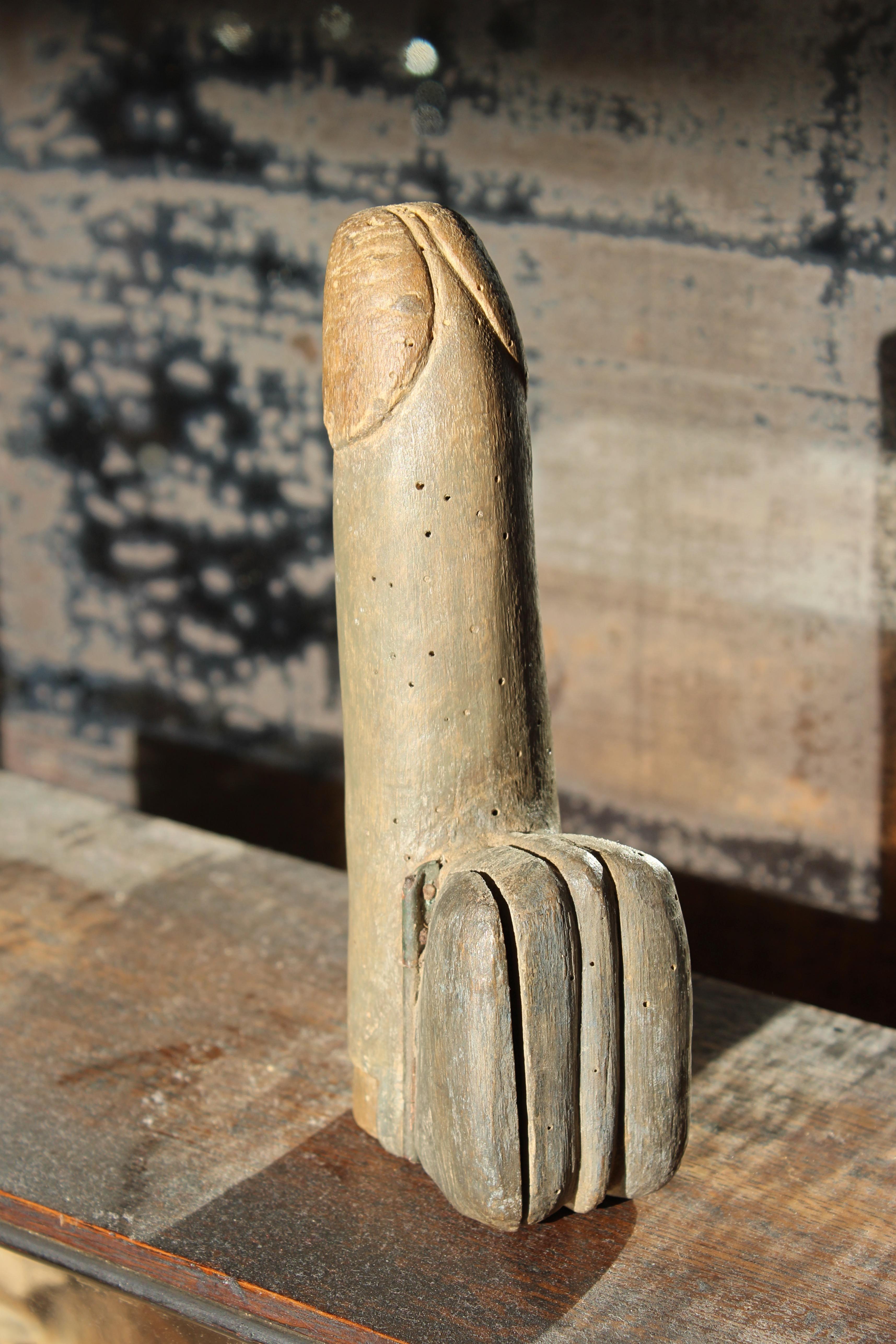 Late 18th C Italian Hand Carved & Painted Poplar Wood Phallus Snuff Puzzle Box 1