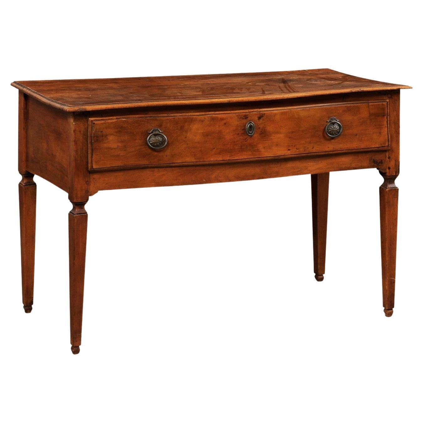 Late 18th C. Italian Walnut Server Table w/Subtle Bow Front & Long Single Drawer For Sale