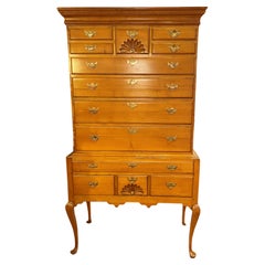 Late 18th c New England Maple Highboy or High Chest with Carved Fans
