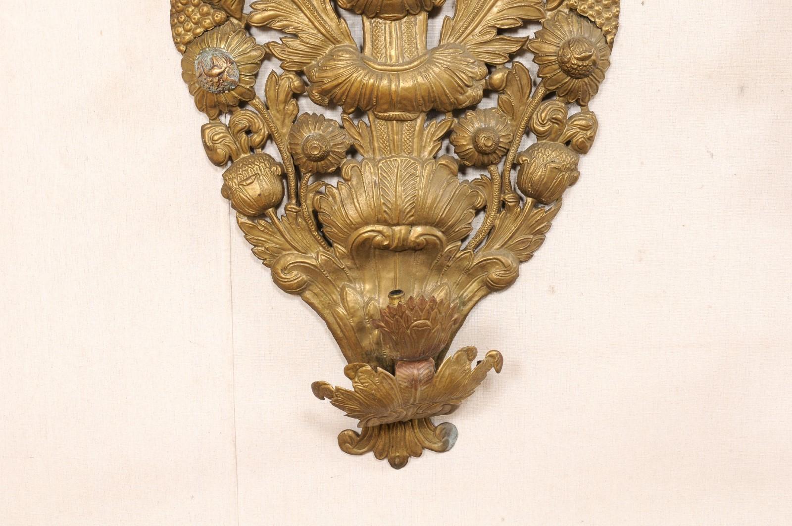 Late 18th C. Pair of French Brass Repoussé Wall Sconces, 35.25