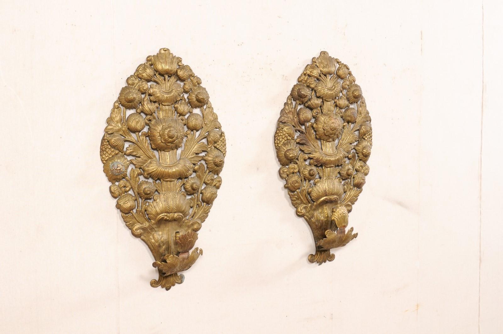 18th Century Late 18th C. Pair of French Brass Repoussé Wall Sconces, 35.25