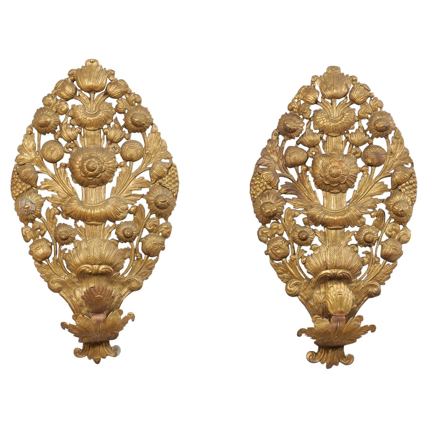 Late 18th C. Pair of French Brass Repoussé Wall Sconces, 35.25" Tall For Sale