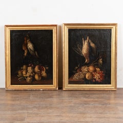 Late 18th C. Pair of Original Oil on Canvas Still Life Paintings of Fruit & Foul