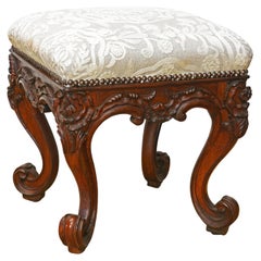 Late 18th C. Portuguese Colonial Carved Hardwood Upholstered Square Rococo Bench