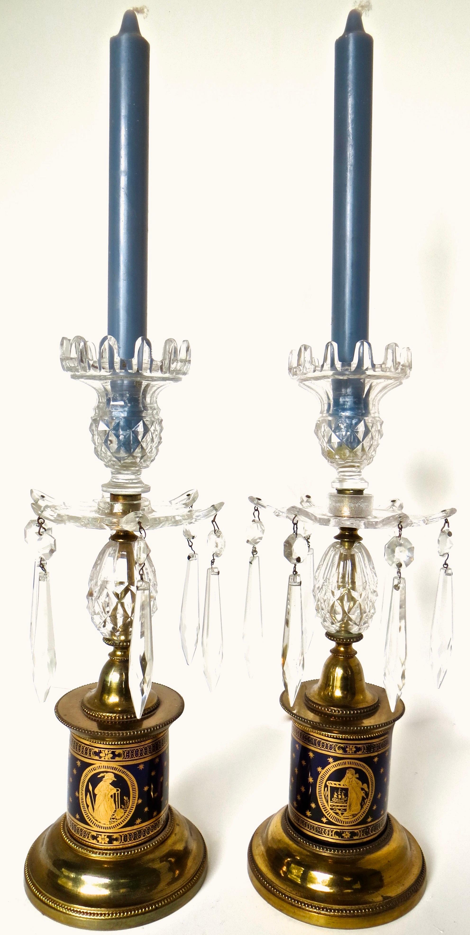 Glass Late 18th C. Rare Pair Of English Lustre Candlesticks For Sale