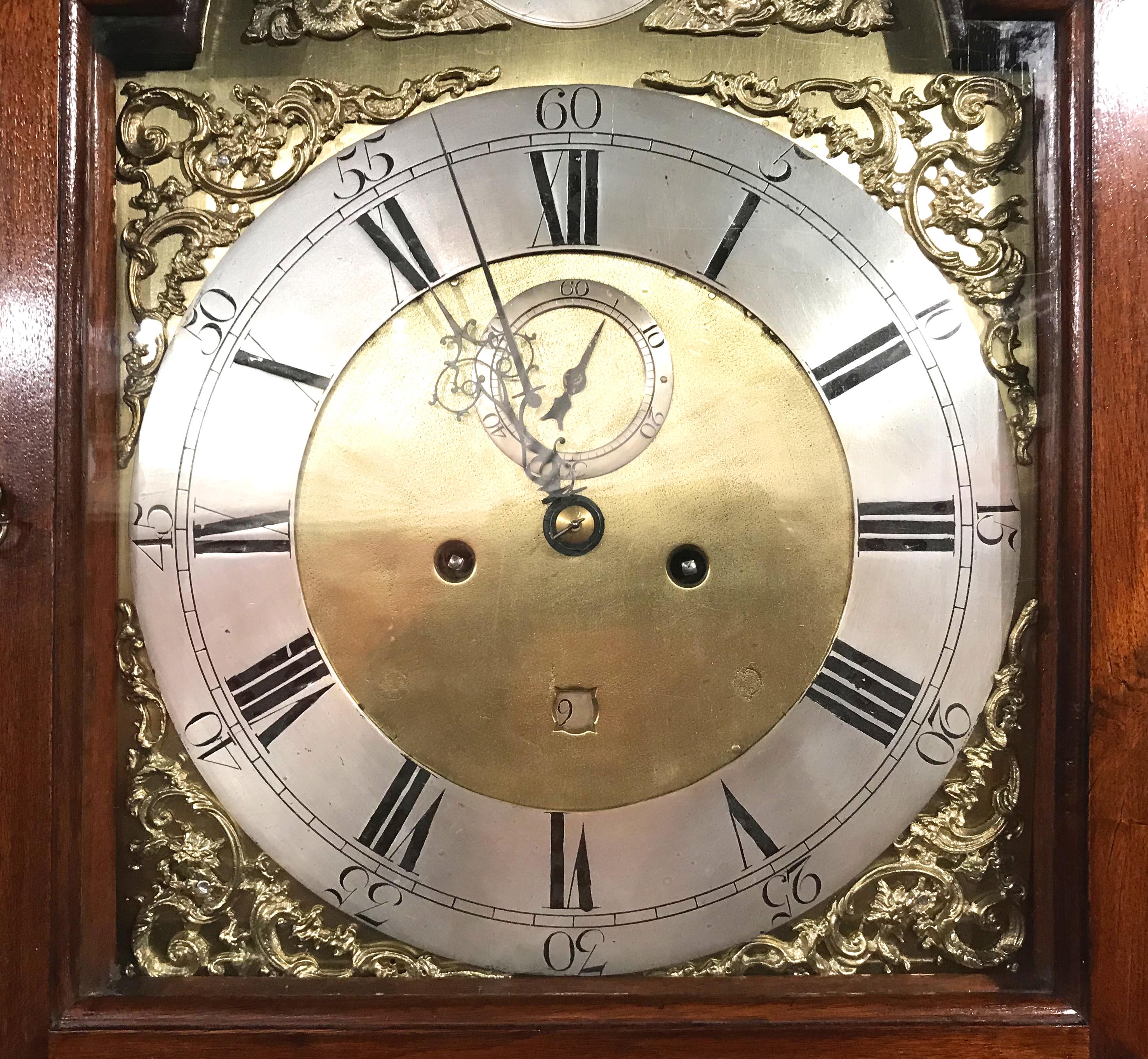 Brass Late 18th Century Thomas Crow, Wilmington DE Mahogany Tall Case Clock