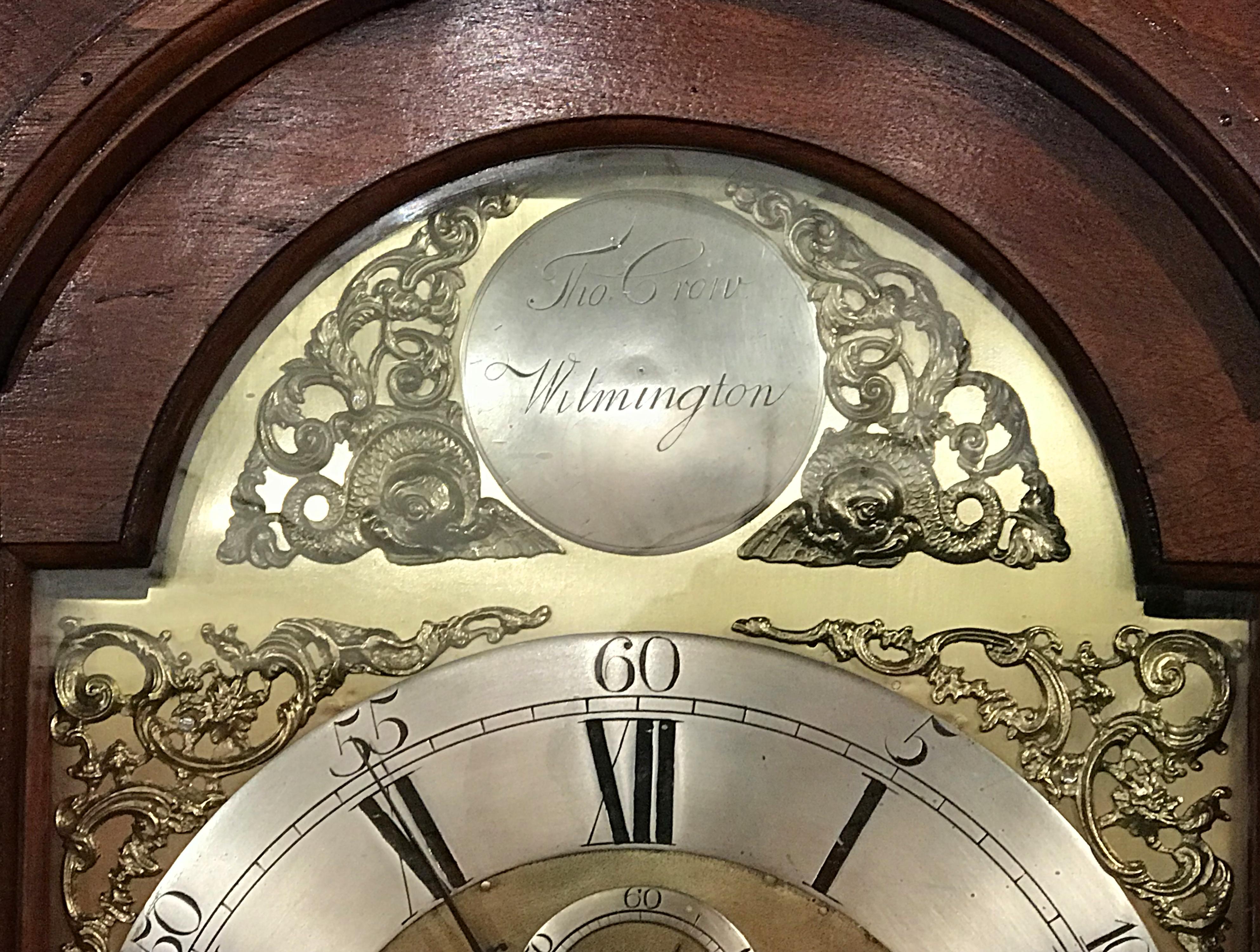 Late 18th Century Thomas Crow, Wilmington DE Mahogany Tall Case Clock 1
