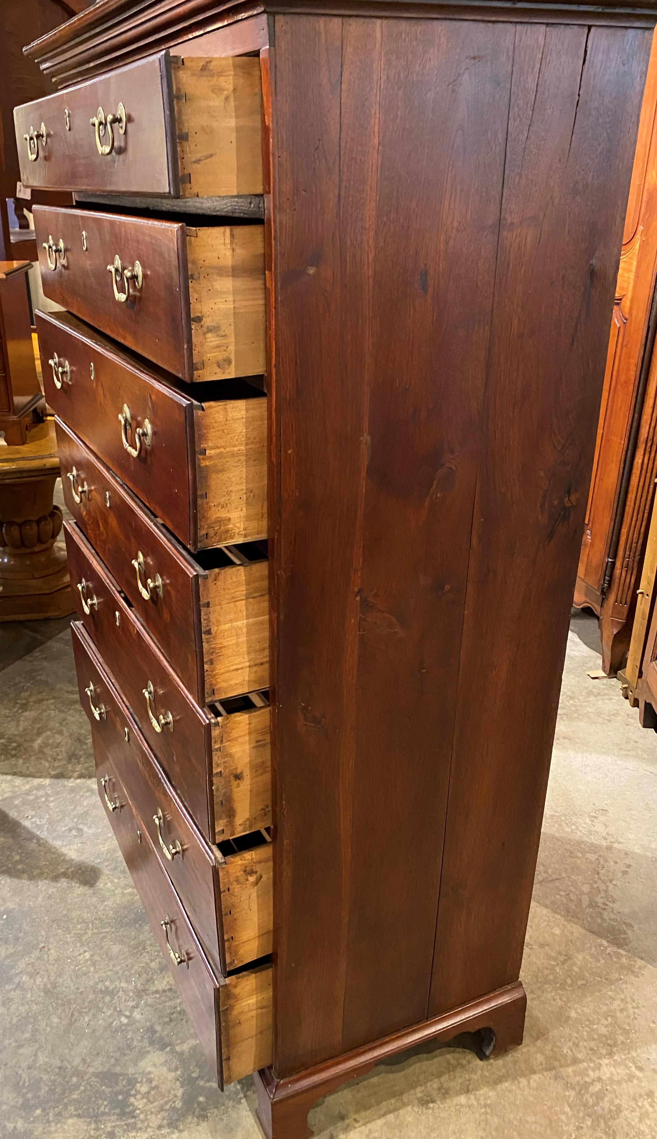 Hand-Carved Late 18th C Walnut Seven Drawer Tall Chest, Probably Maryland or Pennsylvania