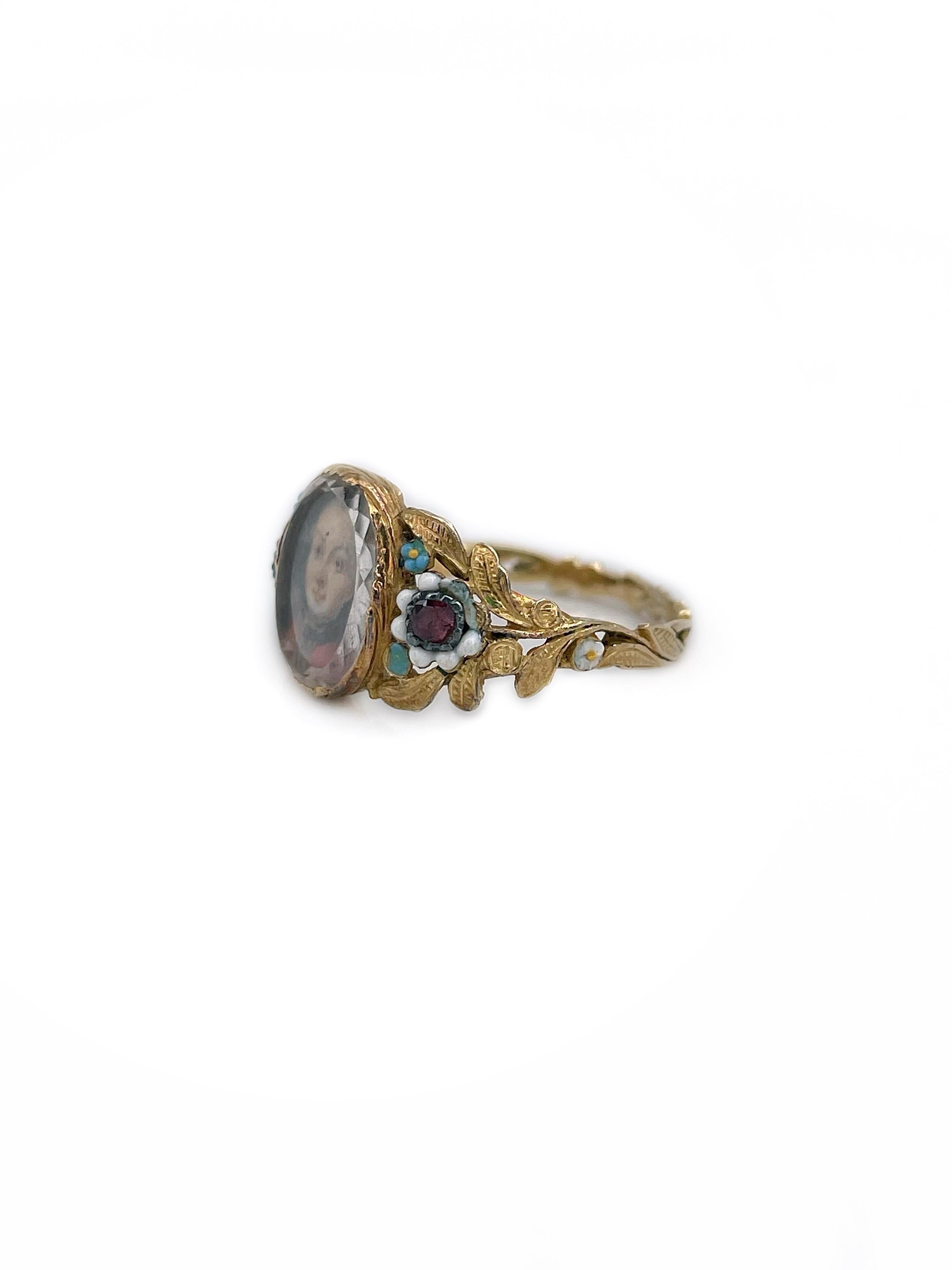 Georgian Late 18th Century 18 Karat Gold Man Miniature Portrait Garnet Floral Enamel Ring