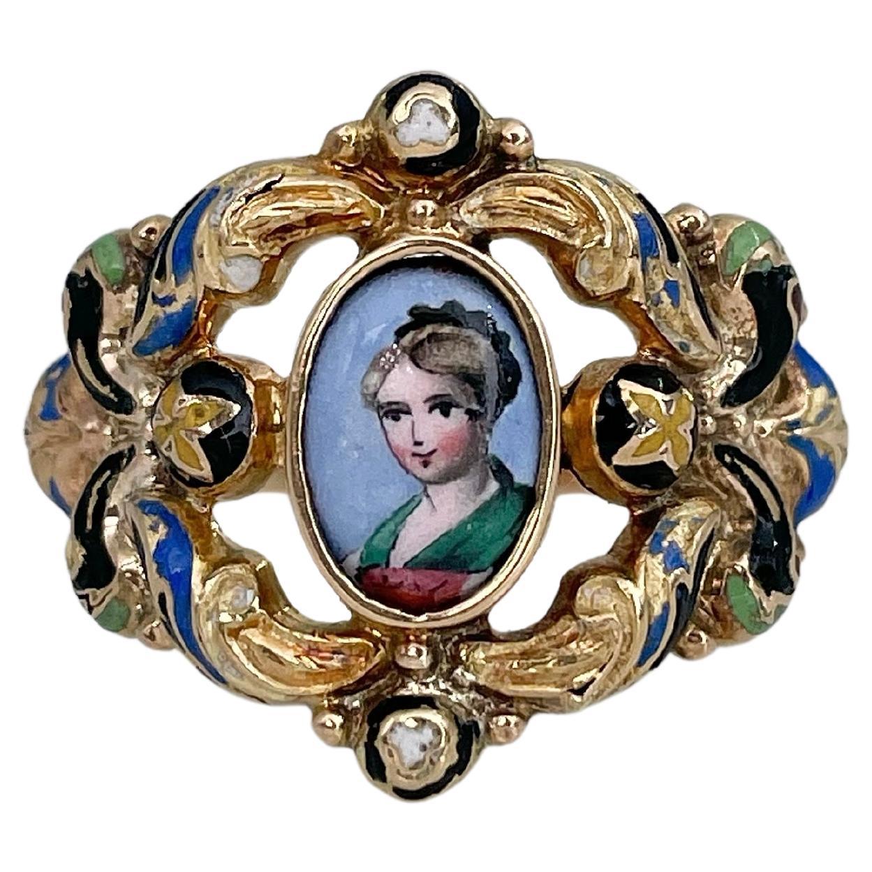 Georgian 18 Karat Gold Miniature Portrait Enamel Ring