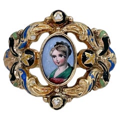 Late 18th Century 18 Karat Gold Miniature Portrait Enamel Ring