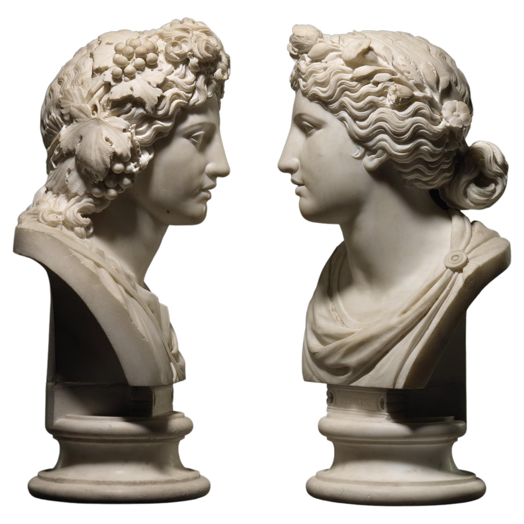 Item: a pair of marble busts of terpsichore and melpomene circle.
Author: carlo albacini.
Origin: rome, italy.
Period: late 18th century

Dimensions:
19 3/8 and 19 ¼ in. (49.3 and 48.7 cm.) high, overall

Both busts have a votive index