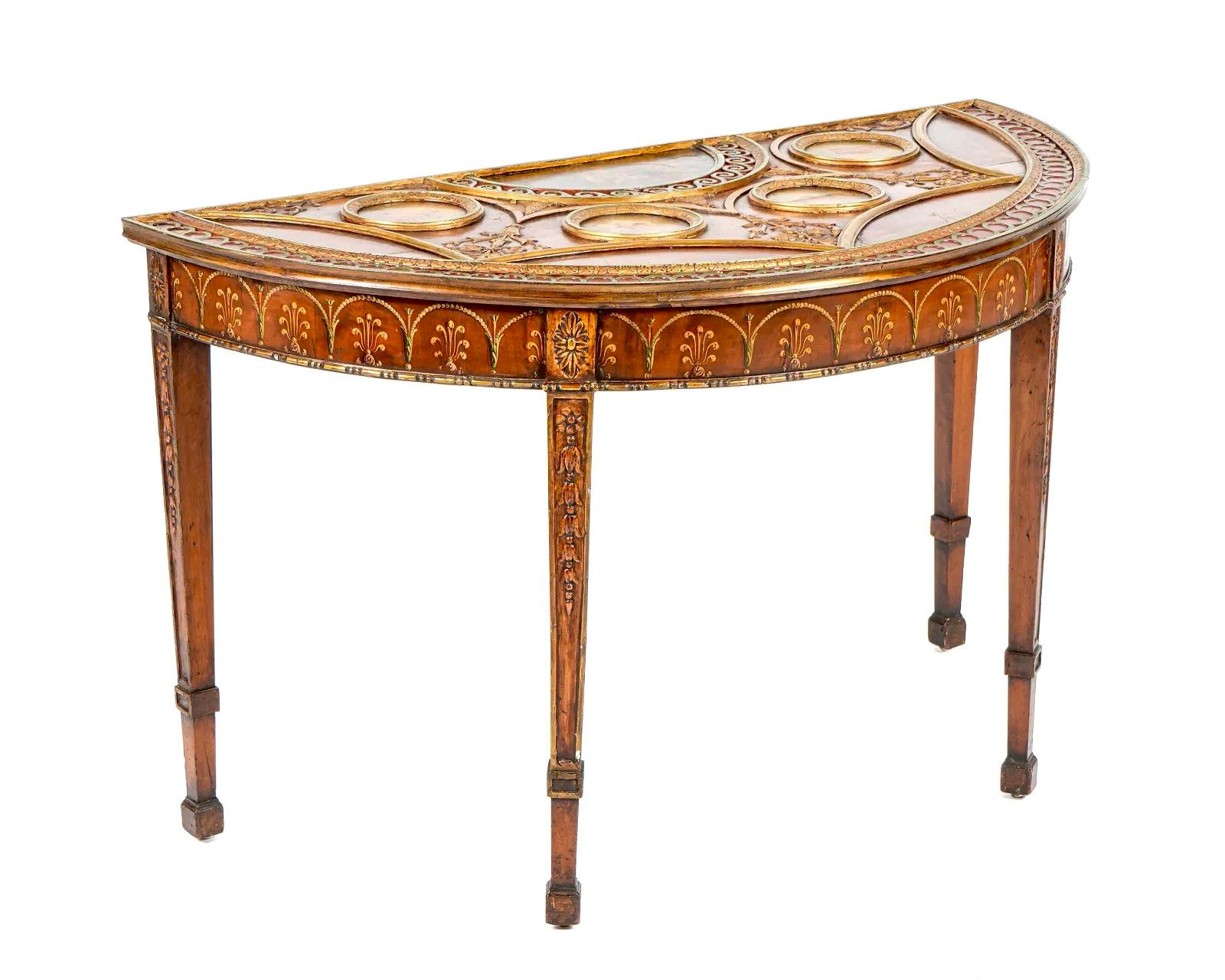 Late 18th Century Adam Painted and Gilt Satinwood Demilune Console Table For Sale 5