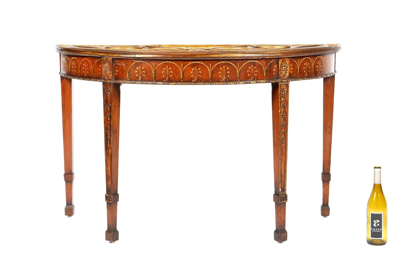 Adam Style Late 18th Century Adam Painted and Gilt Satinwood Demilune Console Table For Sale