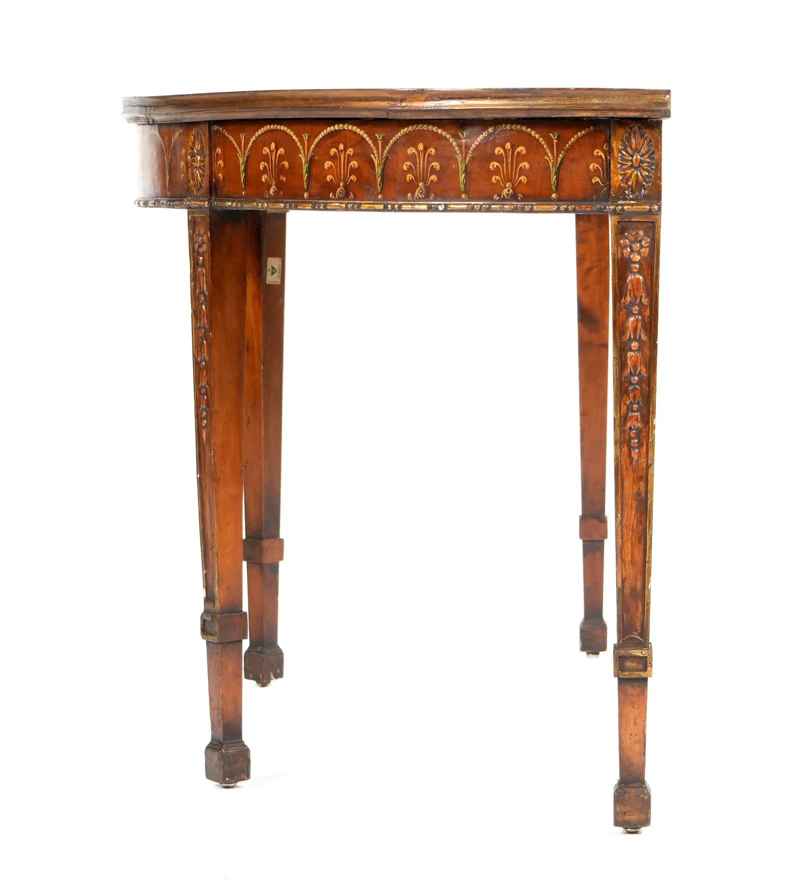 English Late 18th Century Adam Painted and Gilt Satinwood Demilune Console Table For Sale