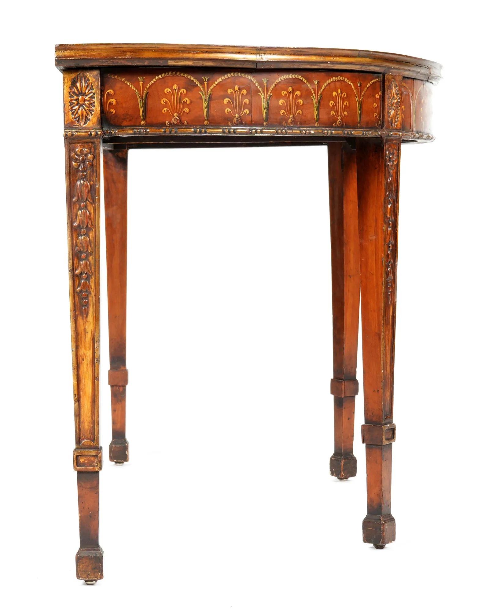 Late 18th Century Adam Painted and Gilt Satinwood Demilune Console Table In Good Condition For Sale In Essex, MA