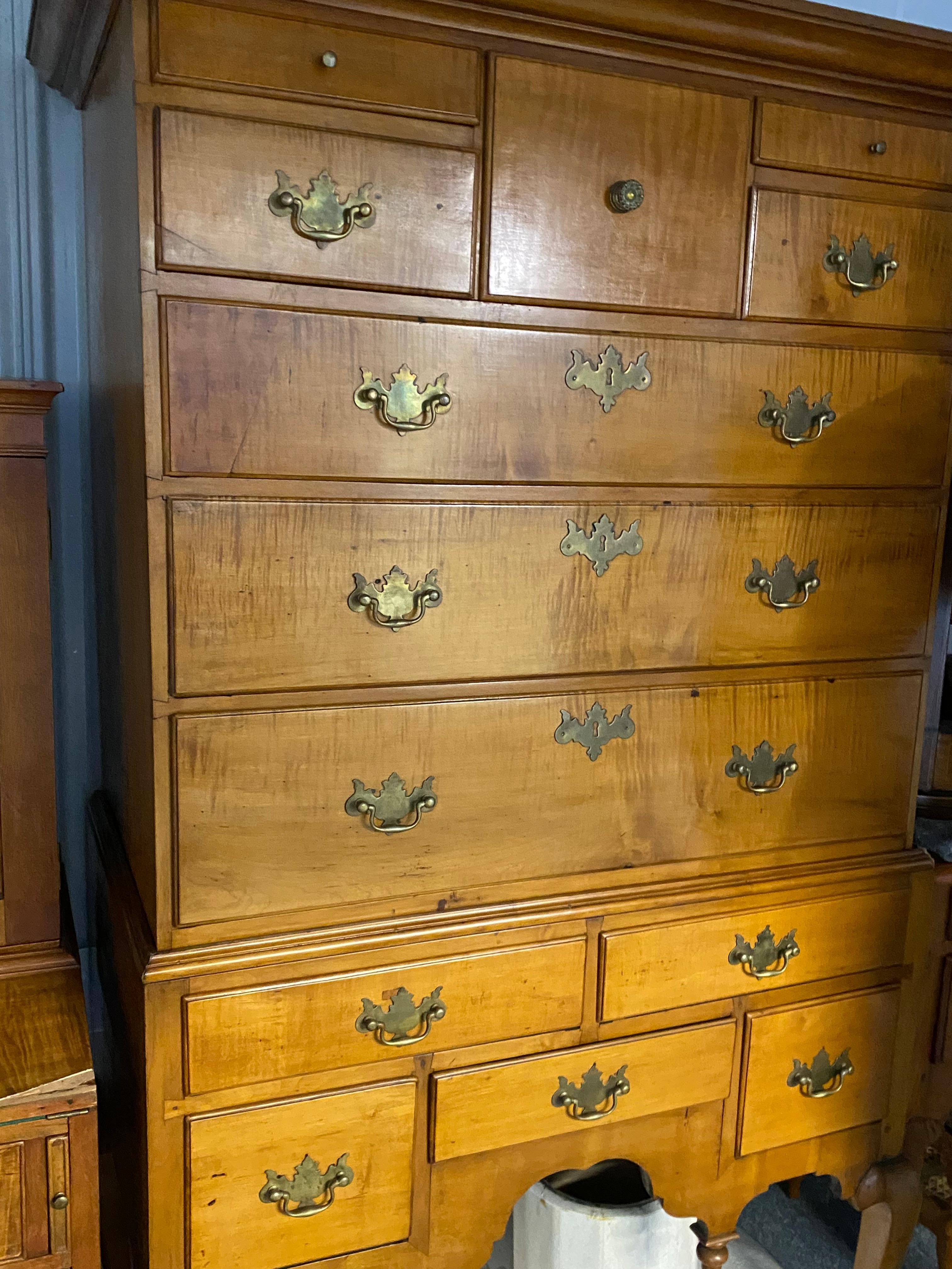 Brass Late 18th Century American Queen Anne Flat Top Maple Highboy Double For Sale