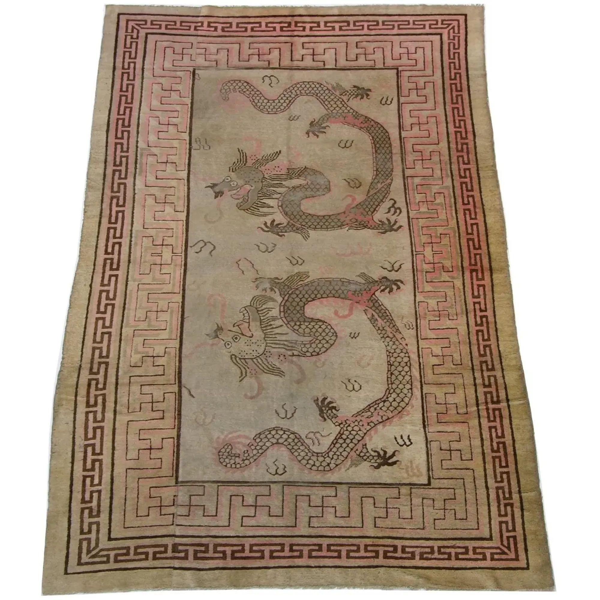 Wool Late 18th Century Antique Dragon Design Chinese Rug 11'9'' X 7'3'' For Sale