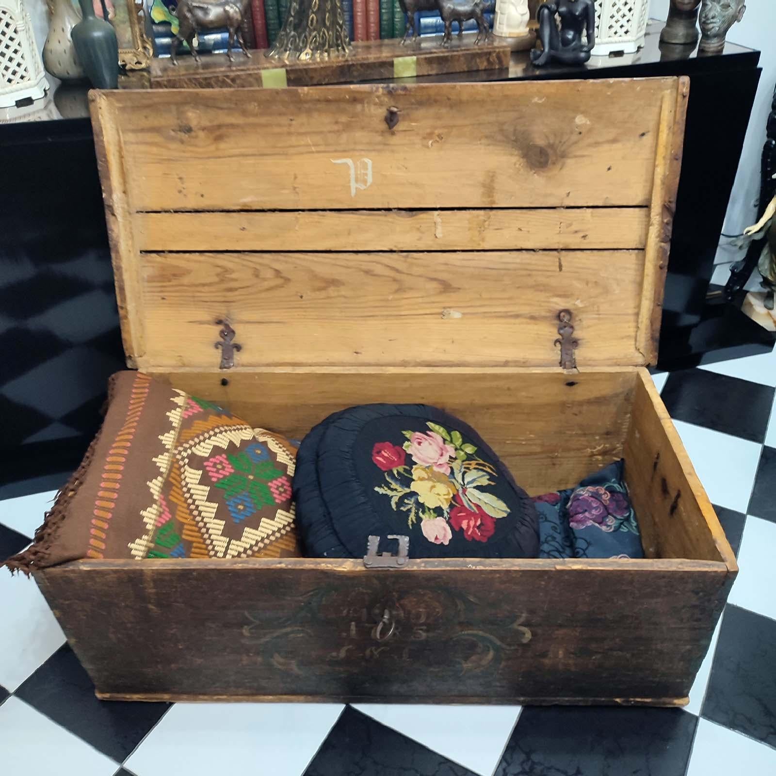 Hand-Painted Late 18th Century Antique Original Wedding Trunk Dated 1785