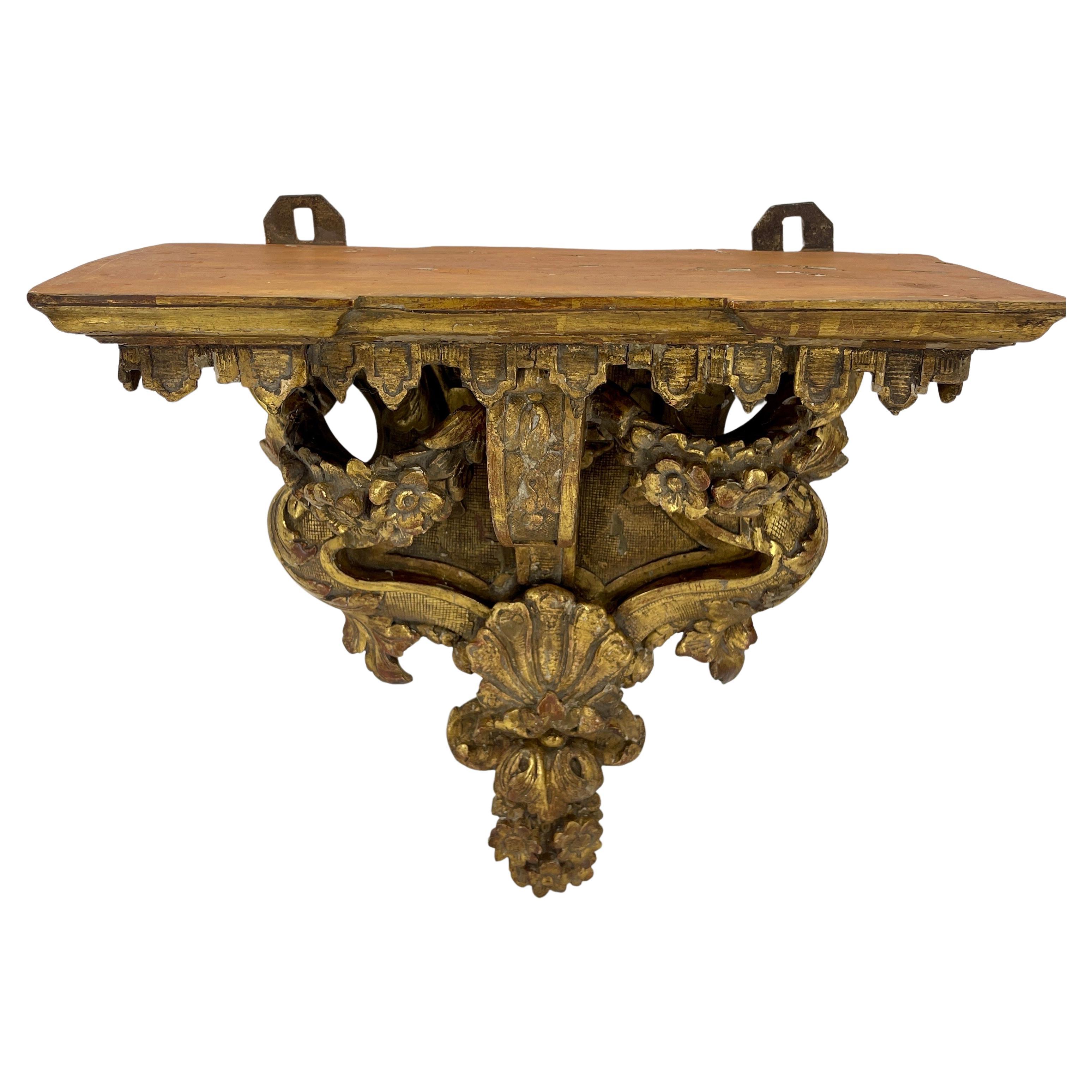 Wood Late 18th Century Architectural Gilded Wall Fragment Shelf, Italy For Sale
