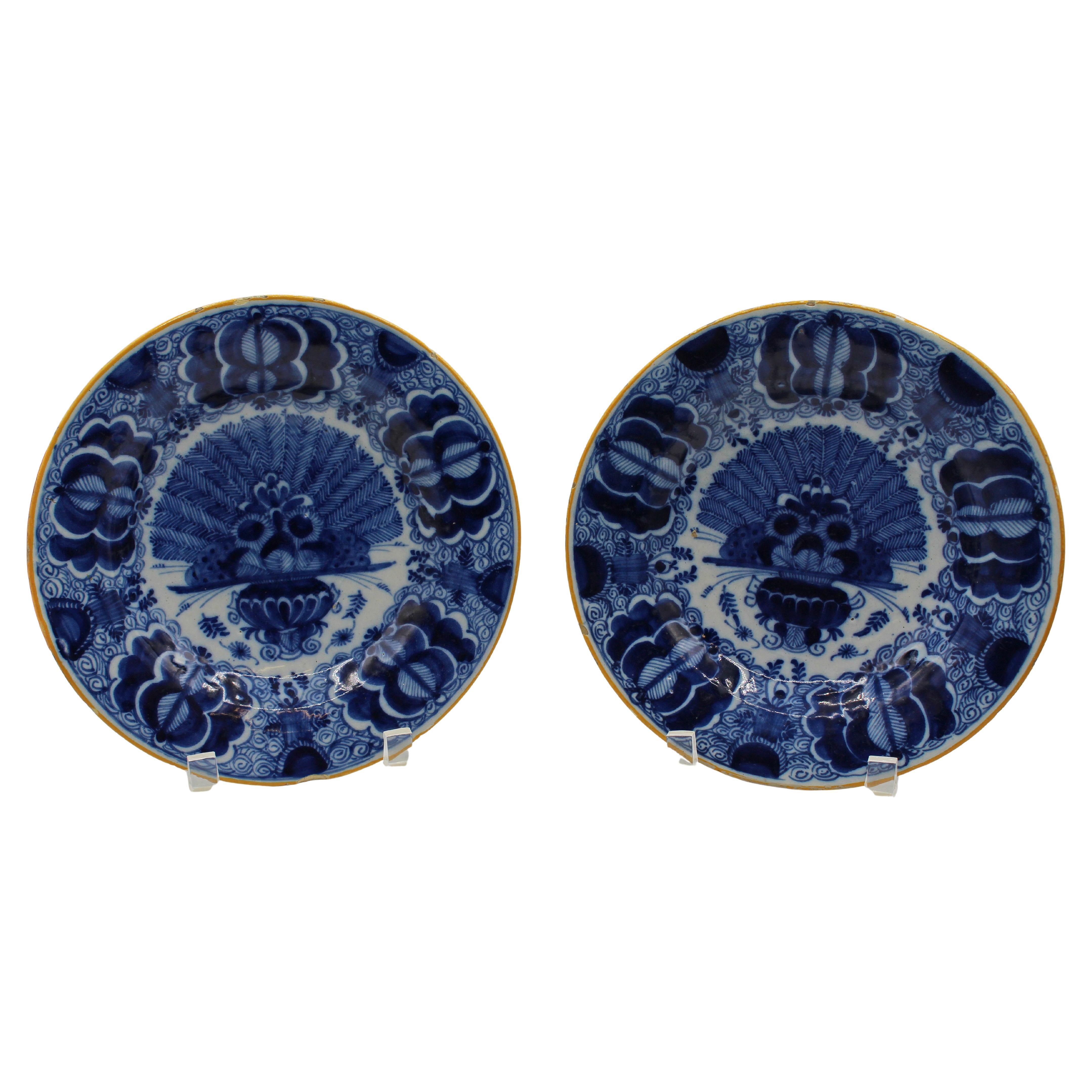 Late 18th Century Associated Pair of Delft Plates with Peacock Feather Design