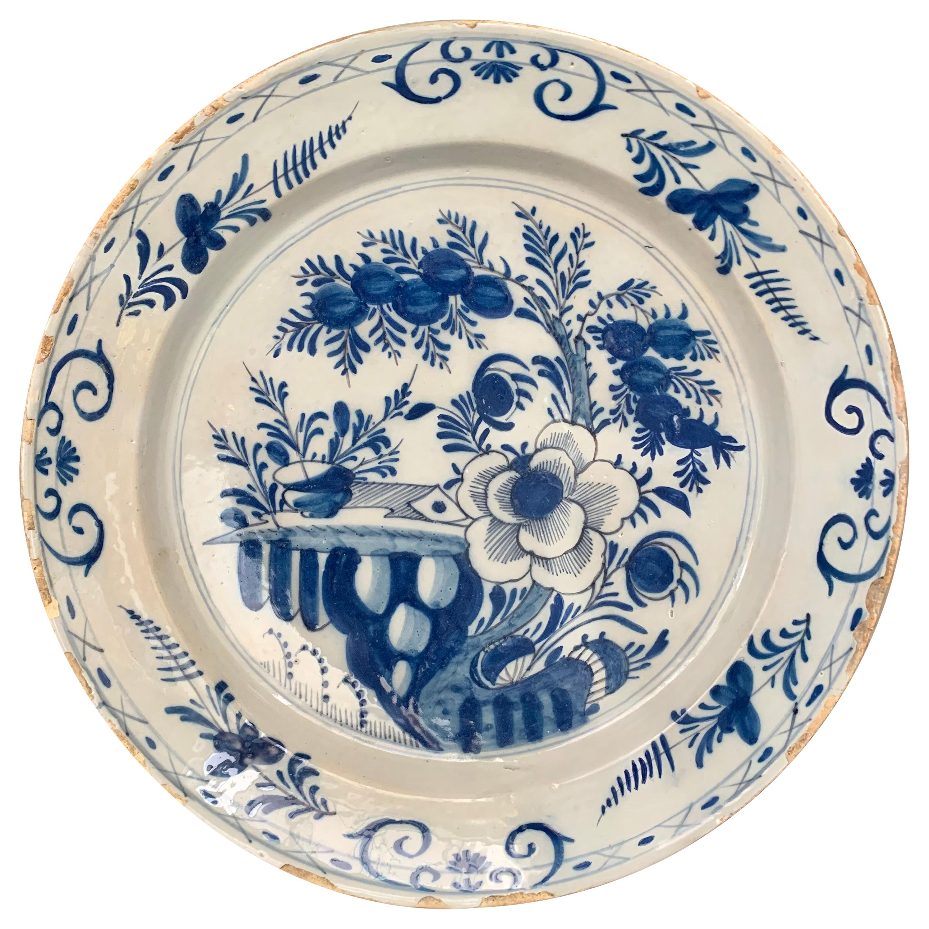 Late 18th Century Blue And White Glazed Faience Charger, circa 1770, Denmark For Sale