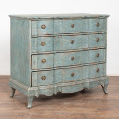 Rokoko-Eichenholzkommode mit vier Schubladen, blau bemalt, Dänemark, 18.