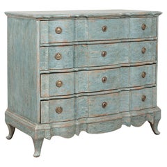 Late 18th Century Blue Painted Rococo Oak Chest of Four Drawers, Denmark