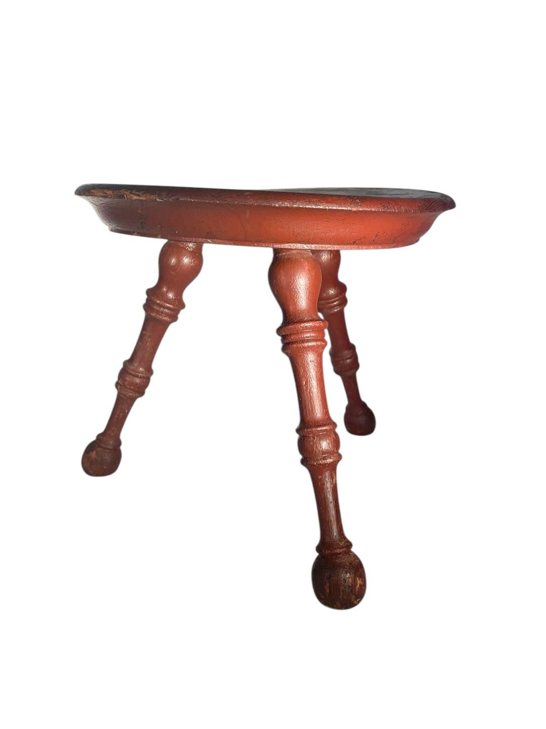 American Late 18th Century Boldly Turned Windsor Stool in Old Red Paint For Sale