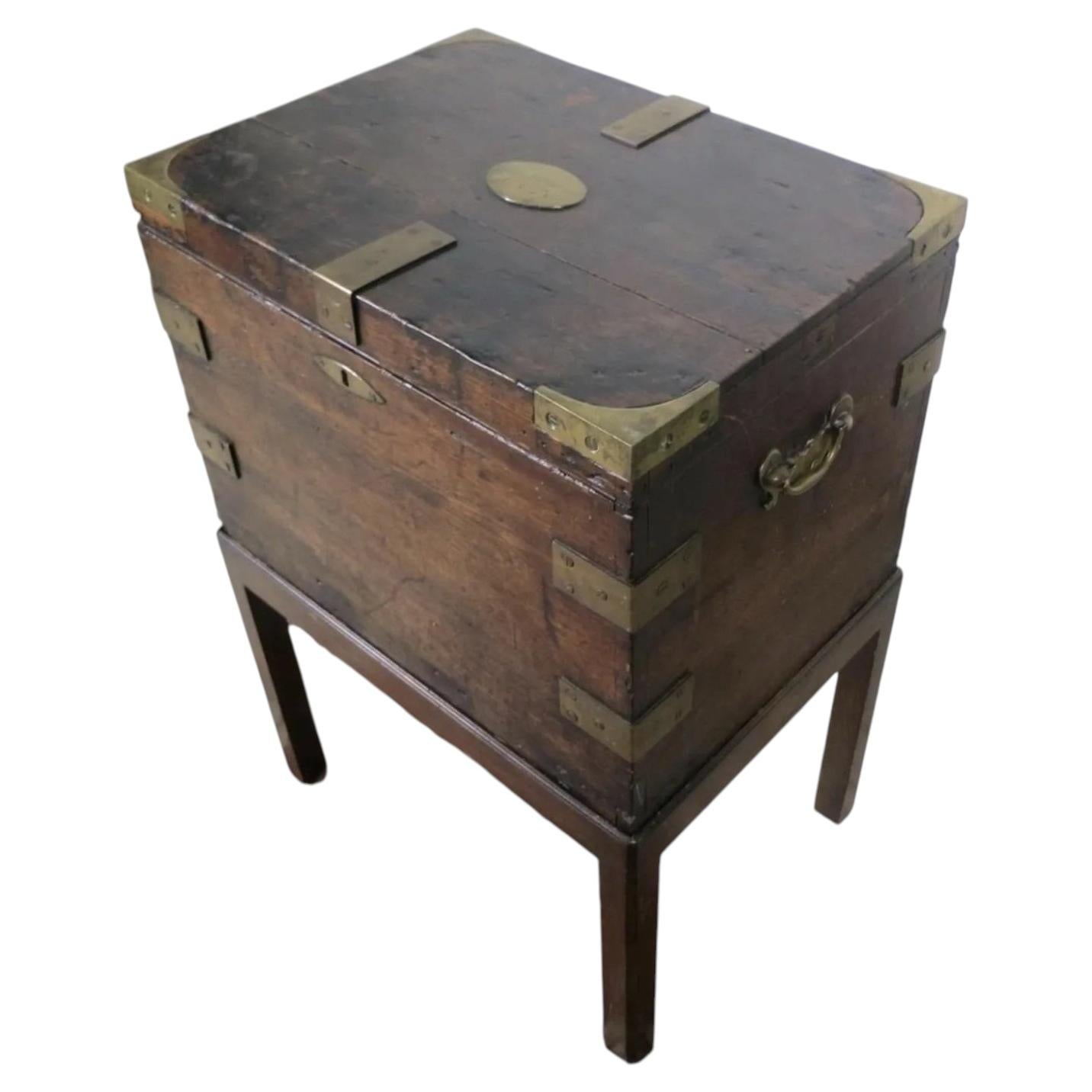 Late 18th Century Brass-Bound Campaign Chest on Stand With Engraved Plaque For Sale