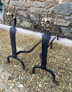 Late 18th Century Bronze & Wrought Iron Hand Forged Andirons
