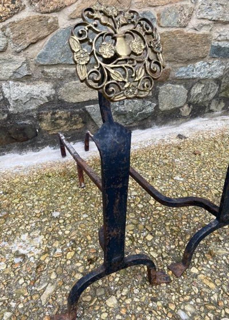 American Late 18th Century Bronze & Wrought Iron Hand Forged Andirons For Sale